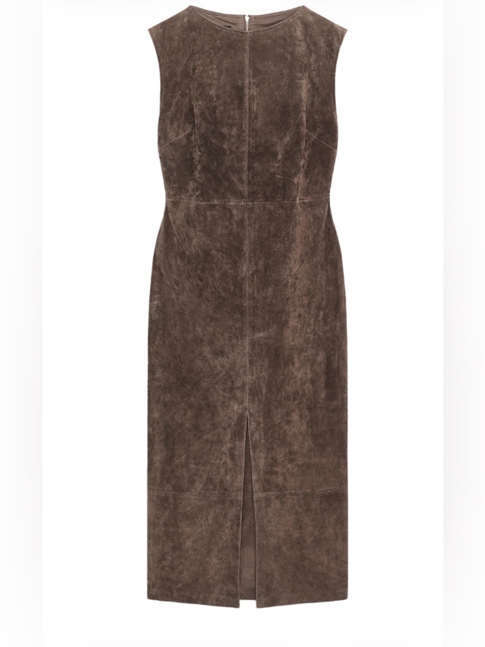 Sleeveless Brown 100% leather Suede Sheath Dress with Front Slit